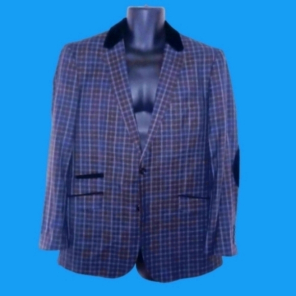 INSOMNIA MANZINO Grey Plaid Blazer, Black Velvet Accents, 40R - Picture 1 of 10